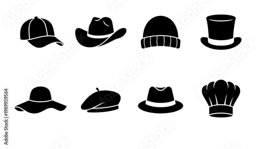 Minimalist hat icons set, black silhouette headwear collection of 8 vector elements, fashion accessories for men and women, apparel headgear symbols