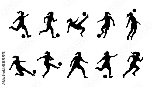 Female soccer player silhouettes set, 10 women football athlete vector icons, professional girl soccer players kicking and running with ball