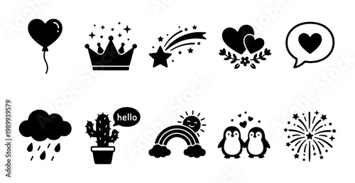 Minimalist black icons set of 10 vector elements, cute doodle symbols for social media, heart and star graphics for digital planners and stickers