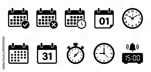 Minimalist calendar and clock icon set, black time management symbols, 10 vector elements for scheduling and productivity tracking