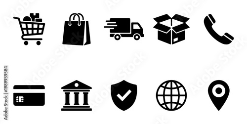 E-commerce shopping icons set, black minimalist web symbols for retail and logistics, 10 vector elements for online business and delivery services