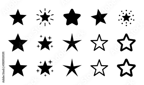 Black star icons set, 15 vector star shapes for rating and ranking, minimalist celestial symbols, flat graphic elements for web and app UI design