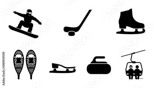 Winter sports icons set, black silhouette vector graphics of snowboarding and ice hockey, professional athletic equipment symbols for mountain resort