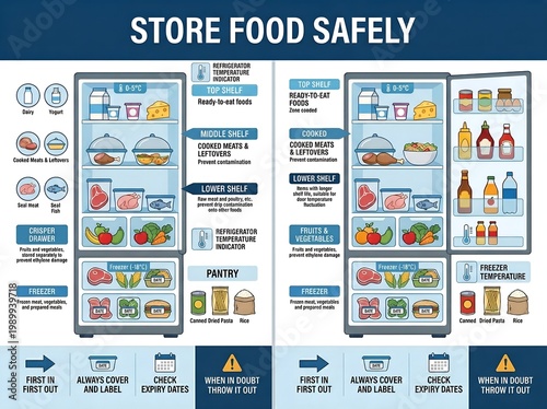 Store food safely infographic with refrigerator storage tips and guidelines