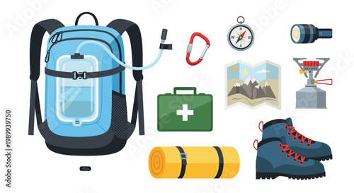 A comprehensive collection of professional hiking gear includes a blue hydration backpack, sturdy leather boots, a compass, a stove, and a first aid kit.