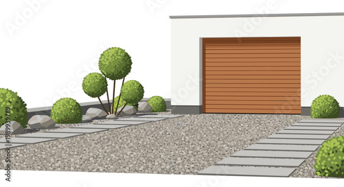 A minimalist garage with a warm wooden door overlooks a gray gravel driveway lined with circular stepping stones and spherical green topiary bushes.