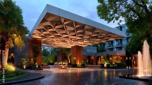 Modern hotel entrance with lush greenery at dusk