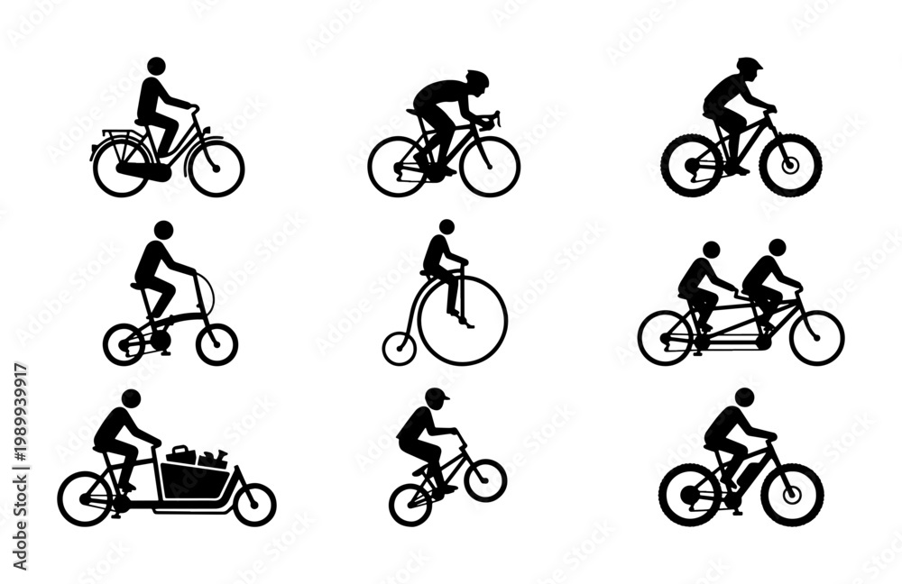 Obraz premium Bicycle silhouette icons set, 9 cyclist vector elements, mountain bike and road cycling symbols, vintage penny farthing and tandem bike graphics