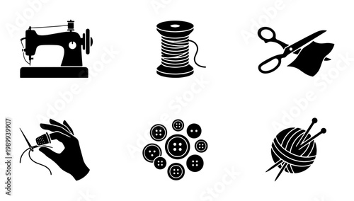 Vintage sewing icons set, black silhouette tailoring equipment, 6 vector elements for needlework and dressmaking, handicraft hobby graphics
