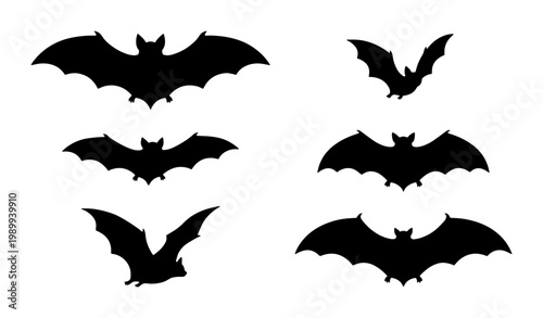 Halloween bat silhouettes collection, set of 6 black flying bat icons, spooky nocturnal animal vector elements for gothic party decor and invitations
