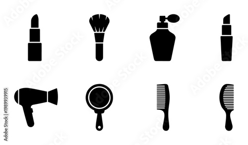 Minimalist beauty icons set, black silhouette cosmetics and hair care symbols, professional makeup artist tools vector collection for salon branding