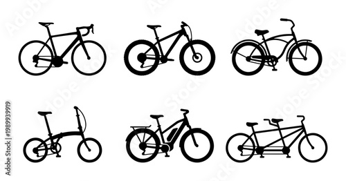 Bicycle silhouette collection, set of 6 bike icons including mountain, road, and tandem cycles, black transport vector graphics for sports design