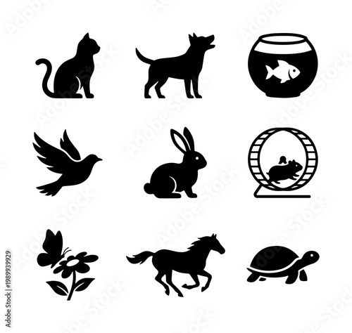 Pet animal silhouette icons set, 9 black vector symbols of domestic pets and wildlife, minimalist animal silhouettes for veterinary and pet shop branding