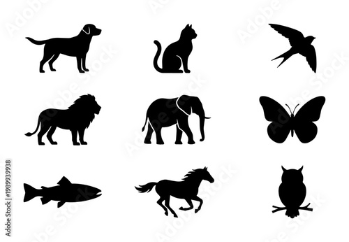 Minimalist animal silhouettes set, 9 black vector icons of pets and wild animals, flat nature wildlife symbols for logos and web design
