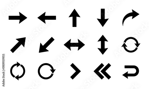 Black arrow icon set, 15 vector navigation symbols for interface design, directional pointers and circular refresh signs on white background