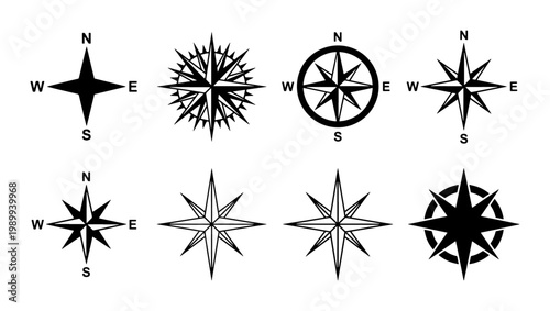Vintage nautical compass rose icons, set of 8 black wind rose vector symbols, classic maritime navigation signs for maps and travel design