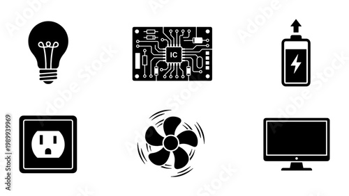 Electronics and hardware icons set, black solid vector symbols of light bulb and circuit board, computer monitor and battery charging graphics
