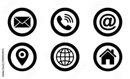 Minimalist contact icons set, black circular communication symbols, 6 vector elements for business cards and website contact us pages