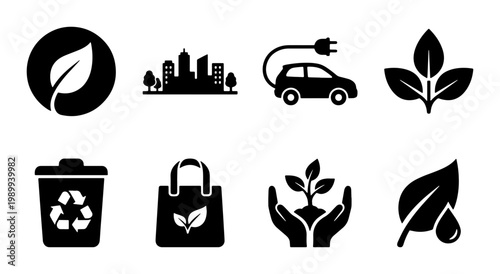 Eco friendly icon set with 8 black vector symbols, sustainable environment and green energy collection, recycling and electric car graphics