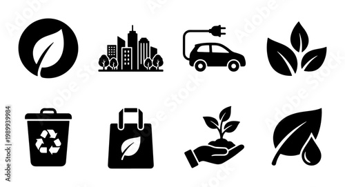 Eco friendly icons set, sustainable green energy symbols, 8 black vector elements for environmental conservation and recycling projects
