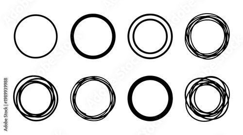 Hand drawn circle frames set, 8 black ink scribble round borders, minimalist sketch ring collection, decorative circular doodle vector elements