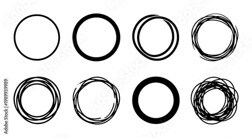 Hand drawn circle frames set, black ink sketch round borders, 8 vector scribble ring elements, messy doodle circular shapes for highlighting text