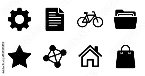 Minimalist black web icons set, 8 flat vector symbols for interface design, solid glyph UI elements for mobile apps and website navigation
