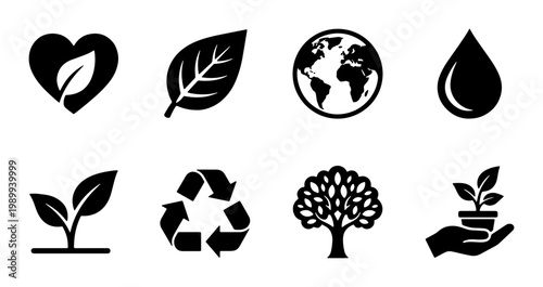 Eco friendly icon set with 8 black vector symbols, environmental conservation and sustainability signs, nature protection and recycling icons for web design