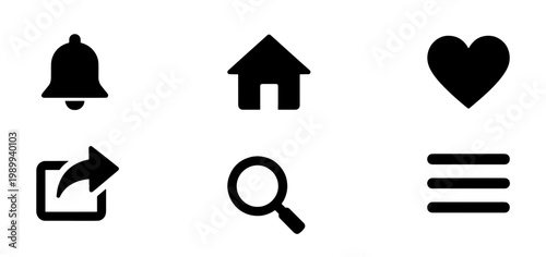 Minimalist social media icons set, black solid UI symbols for mobile apps, 6 vector interface elements including home, heart, and search