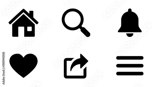 Minimalist black web icons set, 6 flat interface symbols, modern navigation UI elements for mobile apps and website design