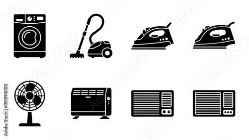Modern household appliance icon set, black silhouette home electronics collection, 8 vector icons including washing machine, vacuum, iron, and air conditioner