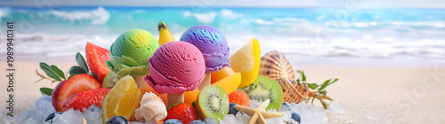 Colorful fruit ice creams on ice cubes, each paired with fresh fruit, placed on a sandy beach with seashells, starfish, and waves in the background. A vibrant and refreshing summer composition.