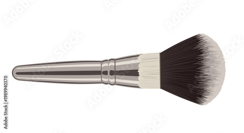 A dense horizontal makeup brush features a polished metallic silver handle with textured bands and thick black bristles ending in soft white tips view.