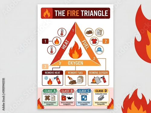 The fire triangle diagram poster showing heat fuel oxygen elements for fire safety and prevention