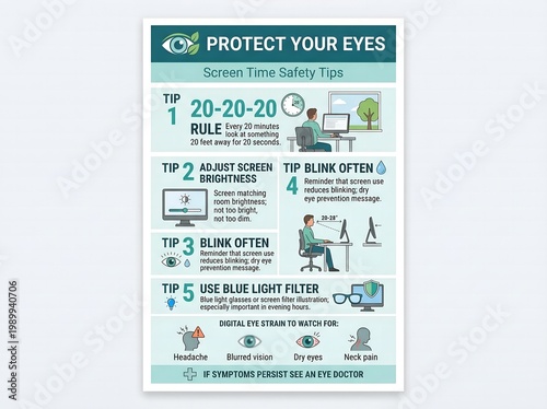 Eye care infographic protect your eyes with screen time safety tips and healthy vision advice