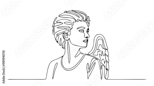 Angel looking thoughtfully, simple continuous line drawing style