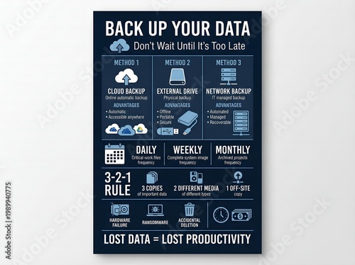 Data backup infographic cloud storage external drive network group daily weekly monthly 3 2 1 rule