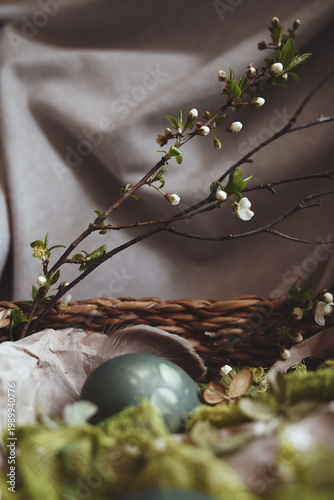 Natural Easter decorations, first blooms of spring in natural Easter display