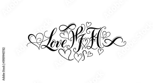 Beautiful Love Valentine's Day Hearts Typography Design with Cursive Script and Heart Shapes in Black Color on White Background Illustration