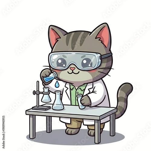 Cute Kawaii Gray Cat Chemist Conducting Experiment with Beakers and Flasks - Chibi Scientist Character in Lab Coat Vector Illustration