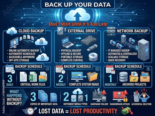 Data backup infographic cloud external drive network backup schedules and strategies