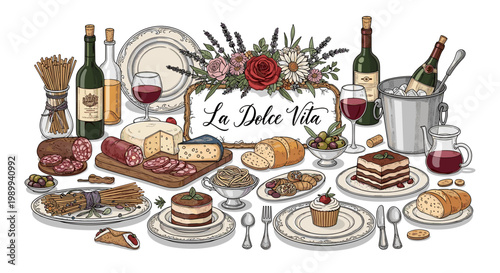 Delicious feast illustration showcasing a lavish spread of gourmet foods and festive holiday dining essentials