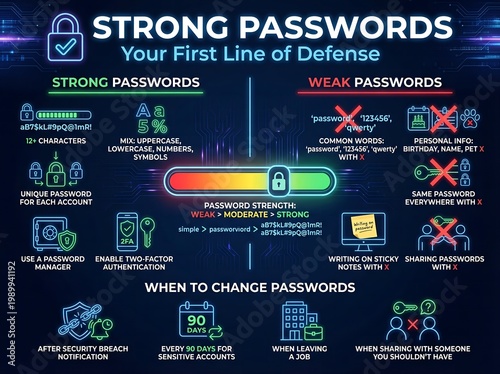 Strong passwords your first line of defense infographic