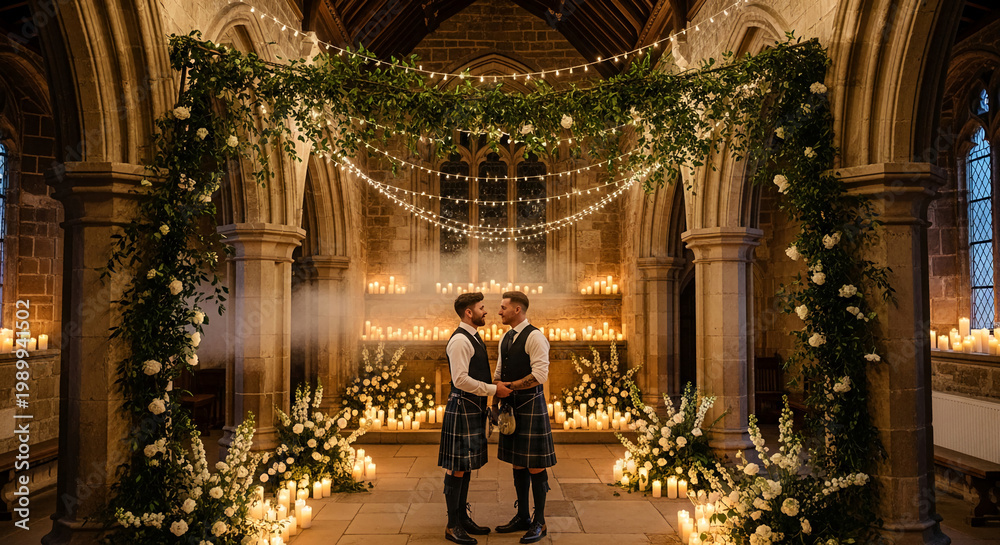 Fototapeta premium Two man in kilt at wedding, standing in church illuminated by candle and fairy light, representing love, commitment, celebration, and unique style