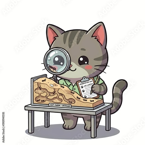Cute Kawaii Gray Cat Entomologist Observing Ant Farm with Magnifying Glass - Chibi Scientist Character with Observation Log Vector Illustration