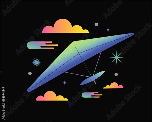 Colorful Hang Glider in Dreamy Night Sky with Stars and Clouds, Neon Gradient Adventure Illustration on Black Background
