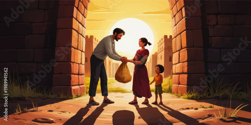 Compassionate man giving food bag to poor mother and child at ancient city gate during golden sunset, charitable aid illustration