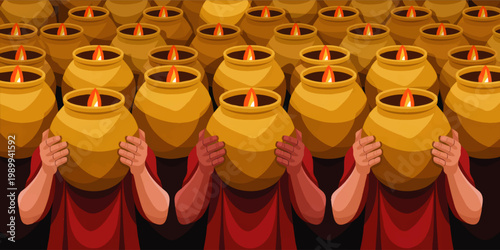 Diwali festival illustration with women holding glowing clay lamps, festive oil lantern pattern in warm orange and gold tones