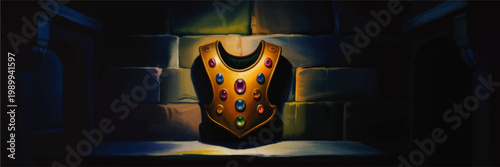 Fantasy golden jeweled armor on stone pedestal in dark castle chamber, magical relic illustration with dramatic lighting