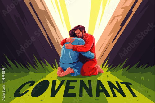 Spiritual covenant illustration with embracing figures, radiant light, prayer, faith, forgiveness, hope and religious devotion